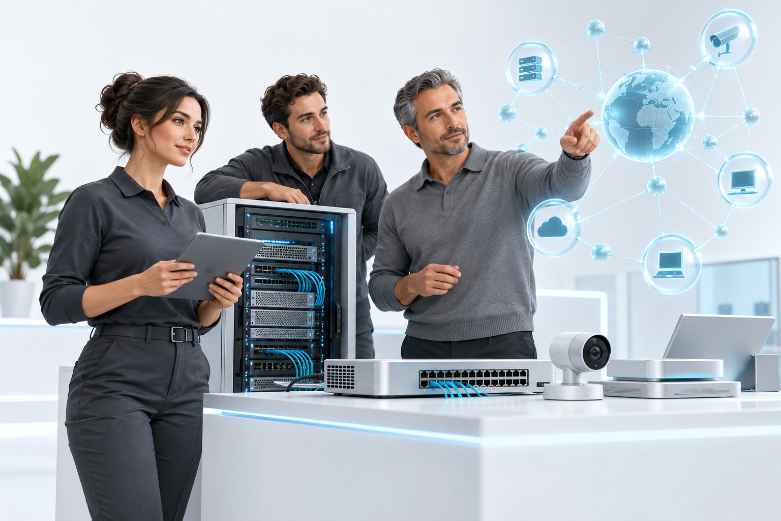 Ilustración de un equipo de tecnología colaborando en redes, informática y seguridad